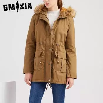 GMXIA Женское однотонное стеганое пальто с принтом и меховым воротником на капюшоне, теплое пальто большого размера, осенне-зимние куртки и пальто с длинным рукавом S хаки