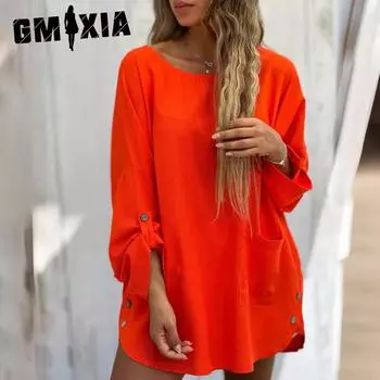 GMXIA Женское однотонное свободное платье с круглым вырезом и карманом на пуговицах, длинным рукавом S розы красного