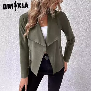 GMXIA Женское однотонное замшевое осенне-зимнее кожаное пальто в стиле Commuter на молнии с короткими рукавами и воротником-поло S абрикосовый