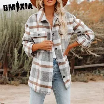 GMXIA Женское осенне-зимнее фланелевое клетчатое пальто с лацканами на пуговицах, рубашка S хаки
