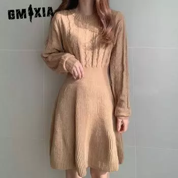 GMXIA Женское осенне-зимнее новое тонкое универсальное трикотажное платье-джемпер с длинными рукавами и перекрученной талией One size хаки