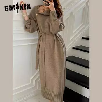 GMXIA Женское осенне-зимнее трикотажное платье с талией, свободный тонкий универсальный длинный джемпер с высоким воротом One size чёрный