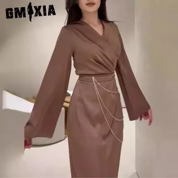 GMXIA женское осеннее платье, темперамент, однотонное атласное платье с длинной талией и цепочкой S коричневый