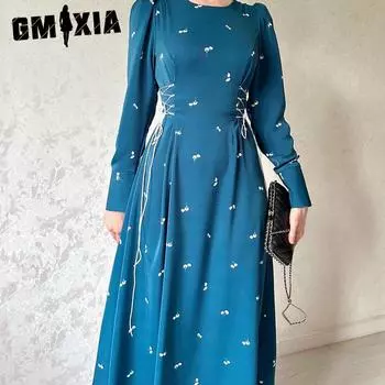 GMXIA Женское осеннее платье в стиле знаменитостей с длинной талией S небесно-голубой