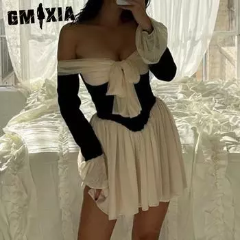 GMXIA Женское осеннее сексуальное платье в стиле суда на одно плечо с расклешенными рукавами и талией S белый