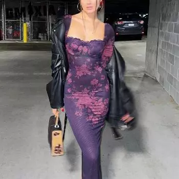 GMXIA женское осеннее сексуальное винтажное кружевное платье с разрезом на бретелях и длинными рукавами, женское S фиолетовый