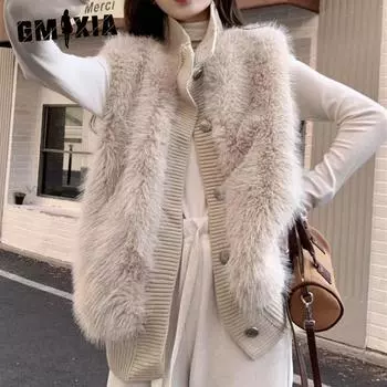 GMXIA Женское пальто без рукавов из бархата норки, свободный темперамент, элегантный вязаный кардиган на осень и зиму One size белый