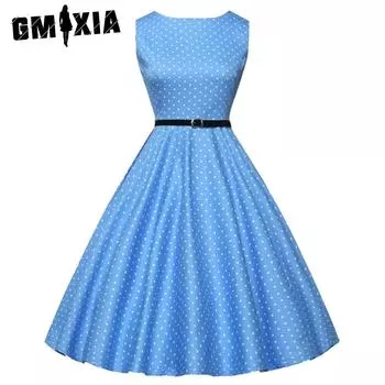 GMXIA Vintage Herben вдохновленное женское платье без рукавов с узким вырезом горошек и черным поясом S