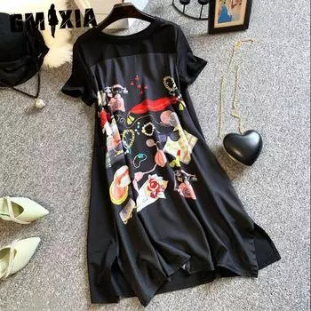 GMXIA Женское платье больших размеров А-силуэта свободного покроя, черное длинное платье-футболка, шелковистое, удобное L чёрный