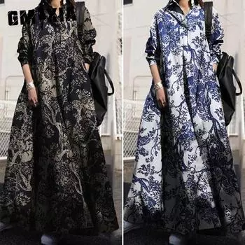 GMXIA Женское платье макси свободного кроя с длинными рукавами и цветочным принтом S синий