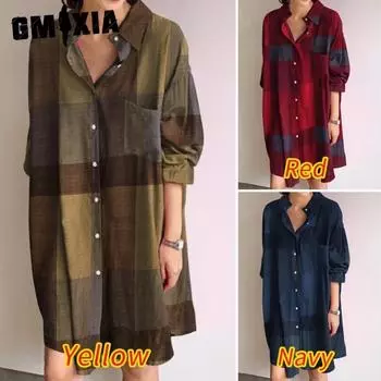 GMXIA Женское платье-рубашка с отложным воротником и длинными рукавами, летнее модное платье с клетчатым принтом S синий