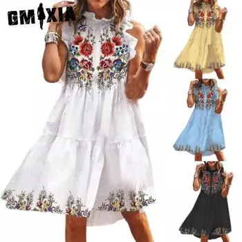 GMXIA Женское платье с цветочным принтом, свободное уличное платье длиной до колена без рукавов с оборками, вечернее платье S-3XL S