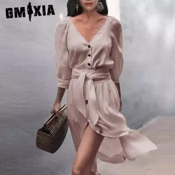 GMXIA Женское платье с длинным рукавом, V-образным вырезом, застежкой на пуговицы, однотонное сексуальное мешковатое платье больших размеров S белый