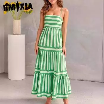 GMXIA Женское платье с полосатым принтом и карманом на шее и лямкой через шею для женщин S зелёный
