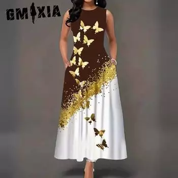 GMXIA Женское платье-трапеция с принтом «халтер» больших размеров, весна-лето, с карманами и цветочным принтом, с круглым вырезом, длинная юбка-трапеция с халтером XL чёрный