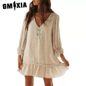 GMXIA Женское платье-трапеция с юбкой свободного кроя, длинными рукавами, из хлопка и льна, с оборкой по подолу S бежевый