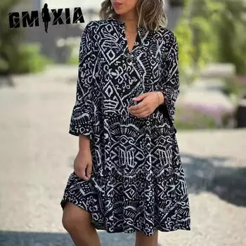 GMXIA Женское платье в стиле пэчворк с V-образным вырезом, расклешенными рукавами и принтом торта S розы красного