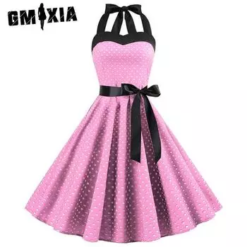 GMXIA женское платье в стиле ретро Хепберн с бретелькой через шею, горошком и талией S белый