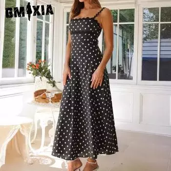 GMXIA Женское платье весна-лето в горошек в стиле бохо с кружевом и бретелью через шею для женщин S