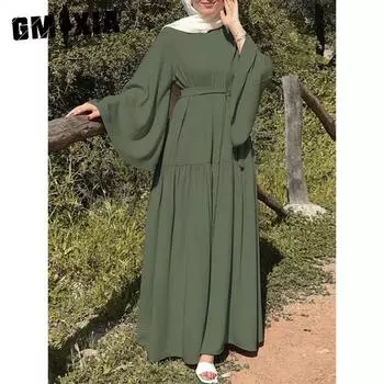 GMXIA Женское повседневное платье-рубашка с расклешенными рукавами и поясом, длинное S зелёный