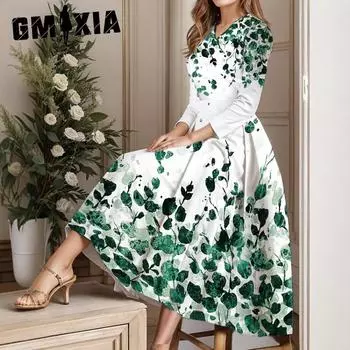 GMXIA Женское повседневное платье с цветочным принтом, V-образным вырезом, рукавом 9/10 и большим подолом S темно-красного