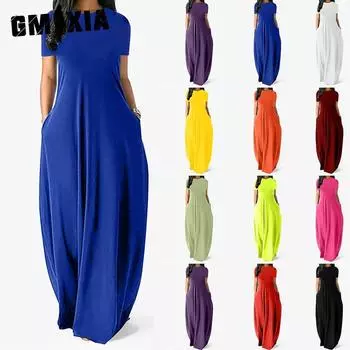 GMXIA Женское повседневное свободное длинное платье с круглым вырезом и коротким рукавом, летнее пляжное платье, элегантное вечернее платье S белый