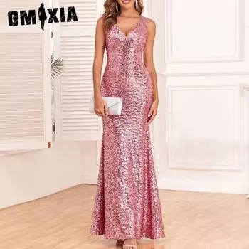 GMXIA женское роскошное торжественное платье с v-образным вырезом и U-образной спиной, длинное вечернее платье с блестками русалки S