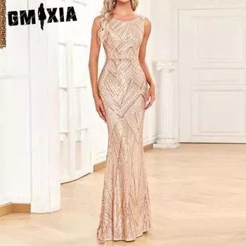 GMXIA женское платье без рукавов с круглым вырезом, роскошное розовое золотое вечернее платье, сверкающее длинное вечернее платье больших размеров S золотой