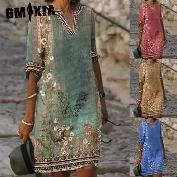 GMXIA Женское сексуальное платье-футболка с V-образным вырезом, летнее женское платье с коротким рукавом, женское облегающее платье миди, пляжная юбка, платье с принтом, повседневное платье S красный