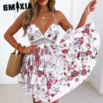 GMXIA Женское сексуальное платье с бретельками через талию и кружевной юбкой с принтом S