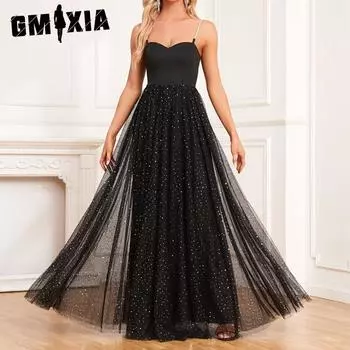 GMXIA Женское тонкое вечернее платье без рукавов с v-образным вырезом и бретелькой из тюля, вечернее платье с блестками, блестящее элегантное платье S чёрный