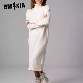 GMXIA Женское трикотажное платье с высоким воротом, осень и зима, новое свободное платье-свитер наизнанку, однотонное, тонкое S чёрный