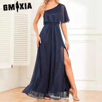 GMXIA Женское вечернее платье на одно плечо с короткими рукавами и боковым разрезом, блестящее длинное бальное платье трапециевидной формы S тёмно-синий