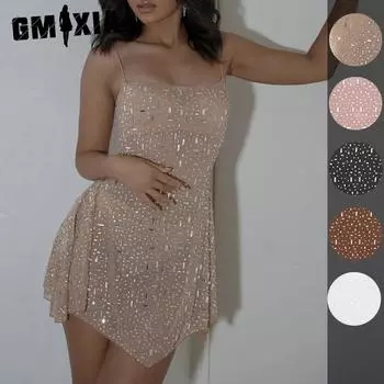 GMXIA Женское вечернее платье с полупрозрачным бретелью через шею с узором в виде бриллиантов S телесный