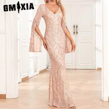 GMXIA Женское вечернее платье с v-образным вырезом и длинным рукавом на подкладке, блестящее вечернее платье русалки для женщин S золотой