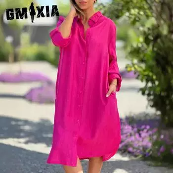 GMXIA Женское весенне-летнее модное повседневное однотонное платье-рубашка с длинным рукавом и лацканами S розы красного