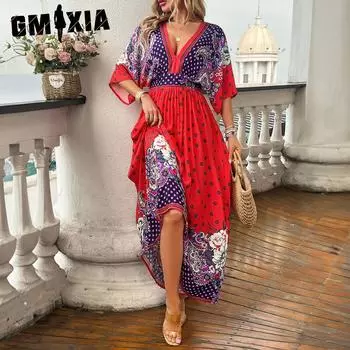 GMXIA Женское весенне-летнее платье с коротким рукавом и V-образным вырезом для отдыха и отдыха с принтом, длинная юбка, женское летнее платье S розовый