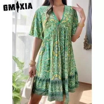 GMXIA Женское весенне-летнее праздничное повседневное платье с принтом и V-образным вырезом S зелёный