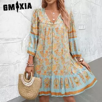 GMXIA Женское весенне-летнее свободное повседневное платье с V-образным вырезом и принтом на шнуровке S