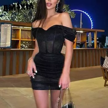 GMXIA Женское весеннее модное сексуальное платье на одно плечо, однотонное облегающее платье с запахом на бедрах S чёрный