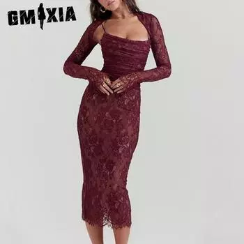 GMXIA Женское весеннее модное сексуальное темпераментное платье-комбинация с длинными рукавами и высокой талией S красный