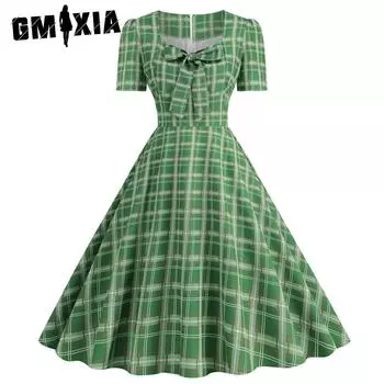 GMXIA женское винтажное платье в горошек с квадратным вырезом и короткими рукавами в стиле Хепберн S