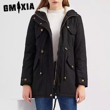 GMXIA Женское винтажное повседневное однотонное женское пальто с капюшоном, толстое хлопковое пальто с флисом, осенне-зимние куртки и пальто с длинным рукавом S розовый