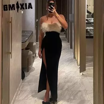 GMXIA Зимнее сексуальное платье с разрезом на одно плечо, женское платье S чёрный