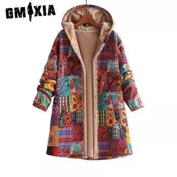 GMXIA Зимнее женское хлопковое и льняное принтованное толстовочное теплое плюшевое пальто L красный