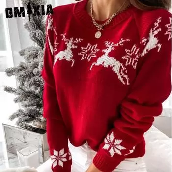 GMXIA Зимний рождественский свитер с изображением лося, частично жаккардовый трикотажный топ с длинными рукавами для женщин S белый