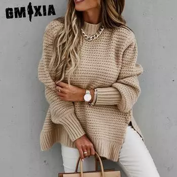 GMXIA Зимний женский полуводолазный однотонный вязаный свитер с разрезом по бокам S красный