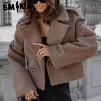 GMXIA Зимняя мода костюм воротник однотонный шерстяной маленький пальто для женщин куртки и пальто S белый