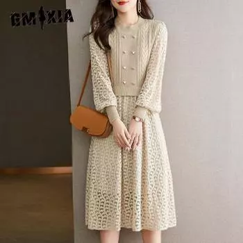 GMXIA Знаменитость Вязаное Платье Осень и Зима Женская Мода Высокая Талия Длинные Платья-Свитера One size чёрный