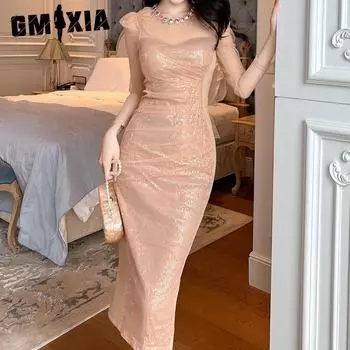 GMXIA Золотое вечернее платье Банкетное осенне-зимнее платье Тонкое сетчатое платье с пайетками во французском стиле с бриллиантами S